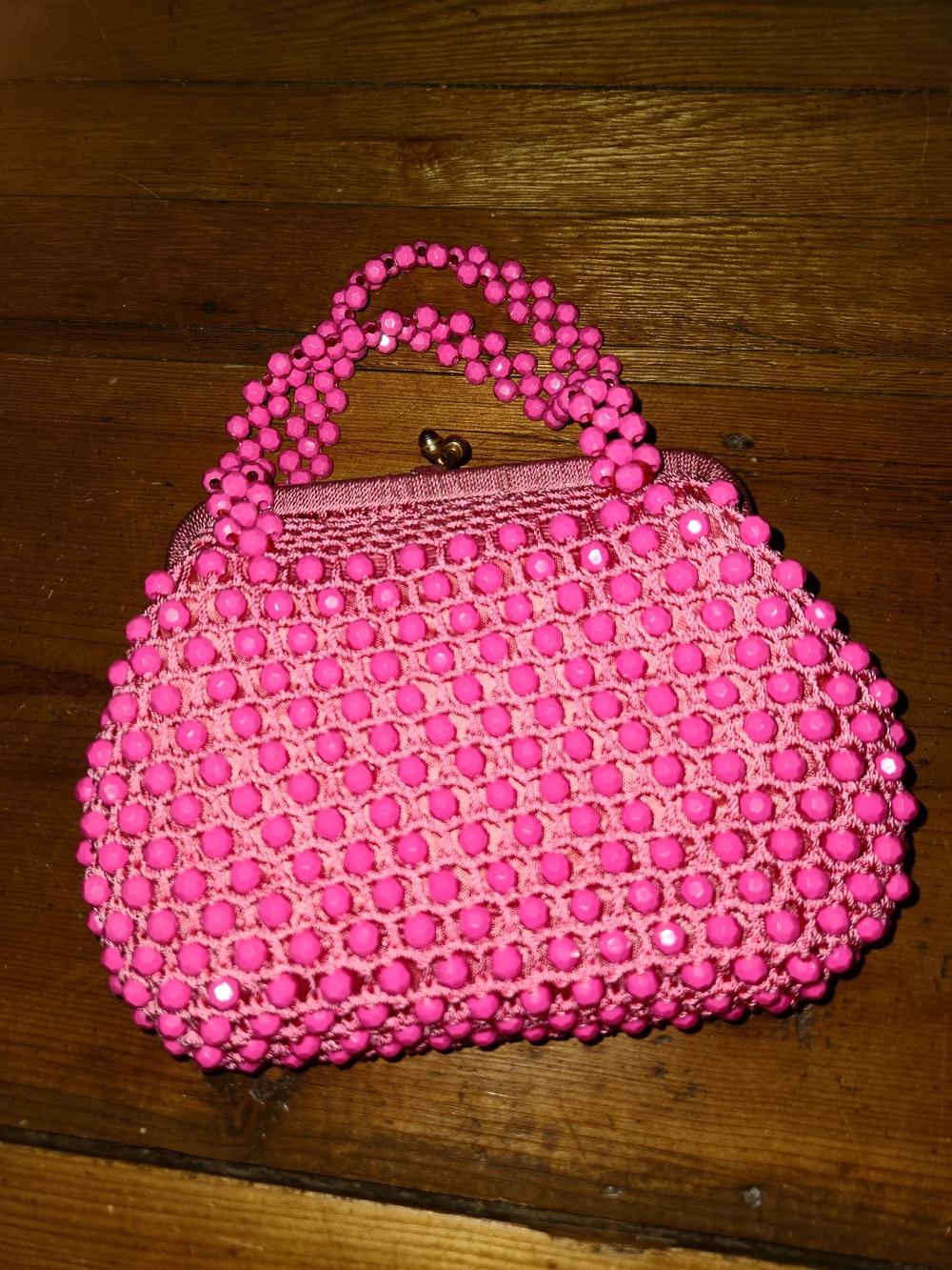 Vintage Pretty In  Pink Plastic Beaded Handbag Mod RETRO